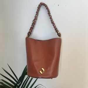 Rebecca Minkoff $348 Infinity Leather Bucket Bag Gold Braided Chain Strap, Brown